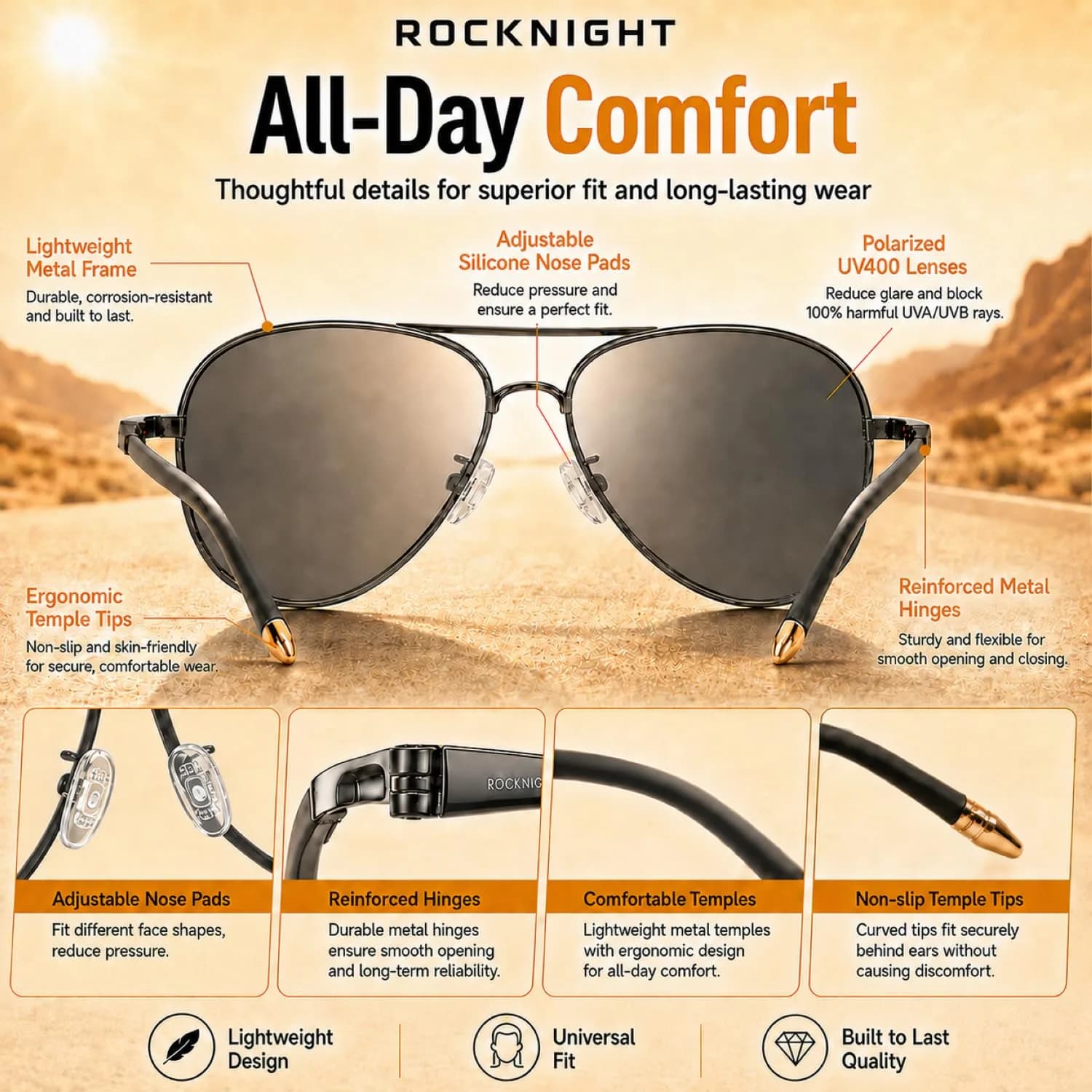 ROCKNIGHT Polarized Aviator Sunglasses Men Women UV400 Metal Frame Driving | Classic Fashion Style - view 5