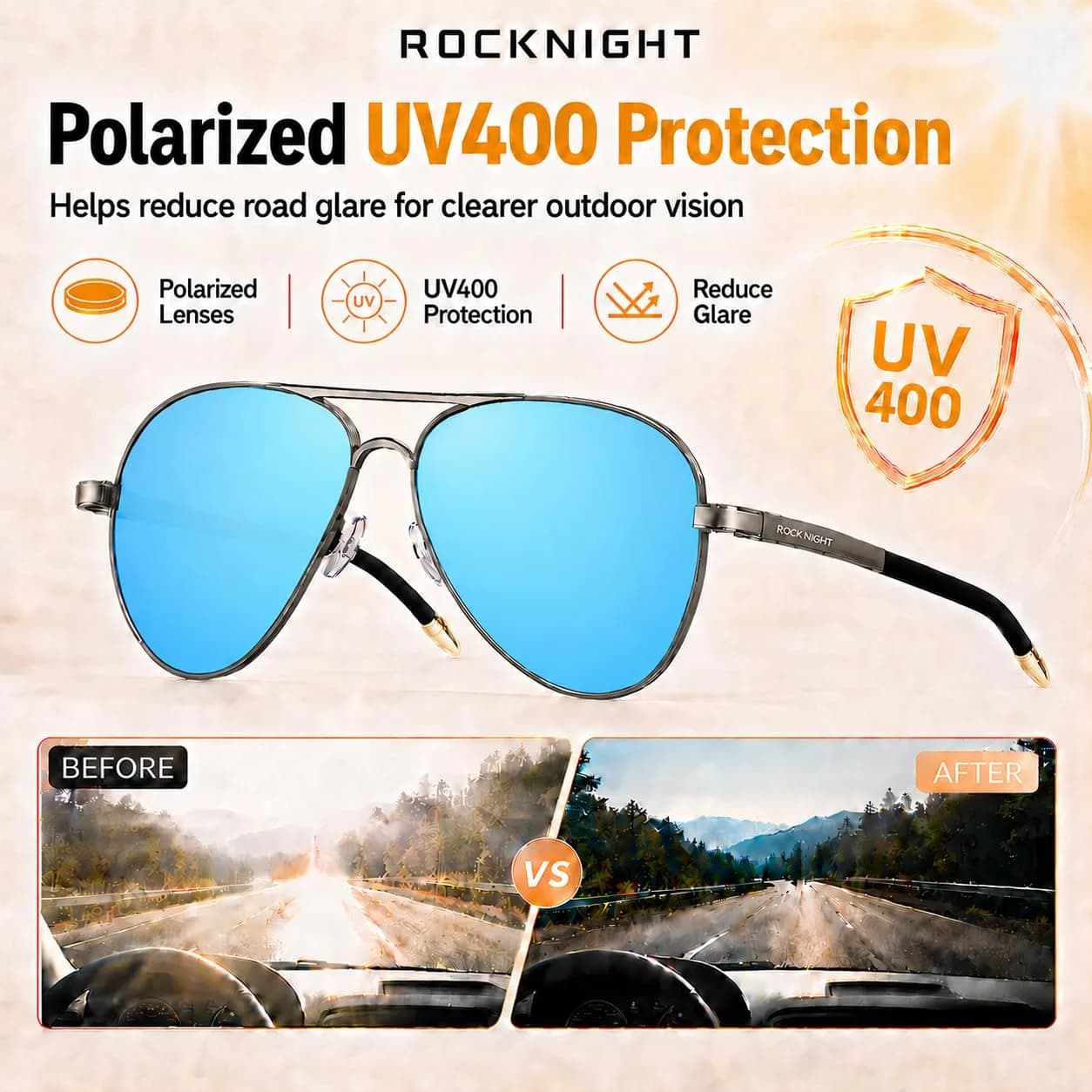 ROCKNIGHT Polarized Aviator Sunglasses Men Women UV400 Metal Frame Driving | Classic Fashion Style - view 3