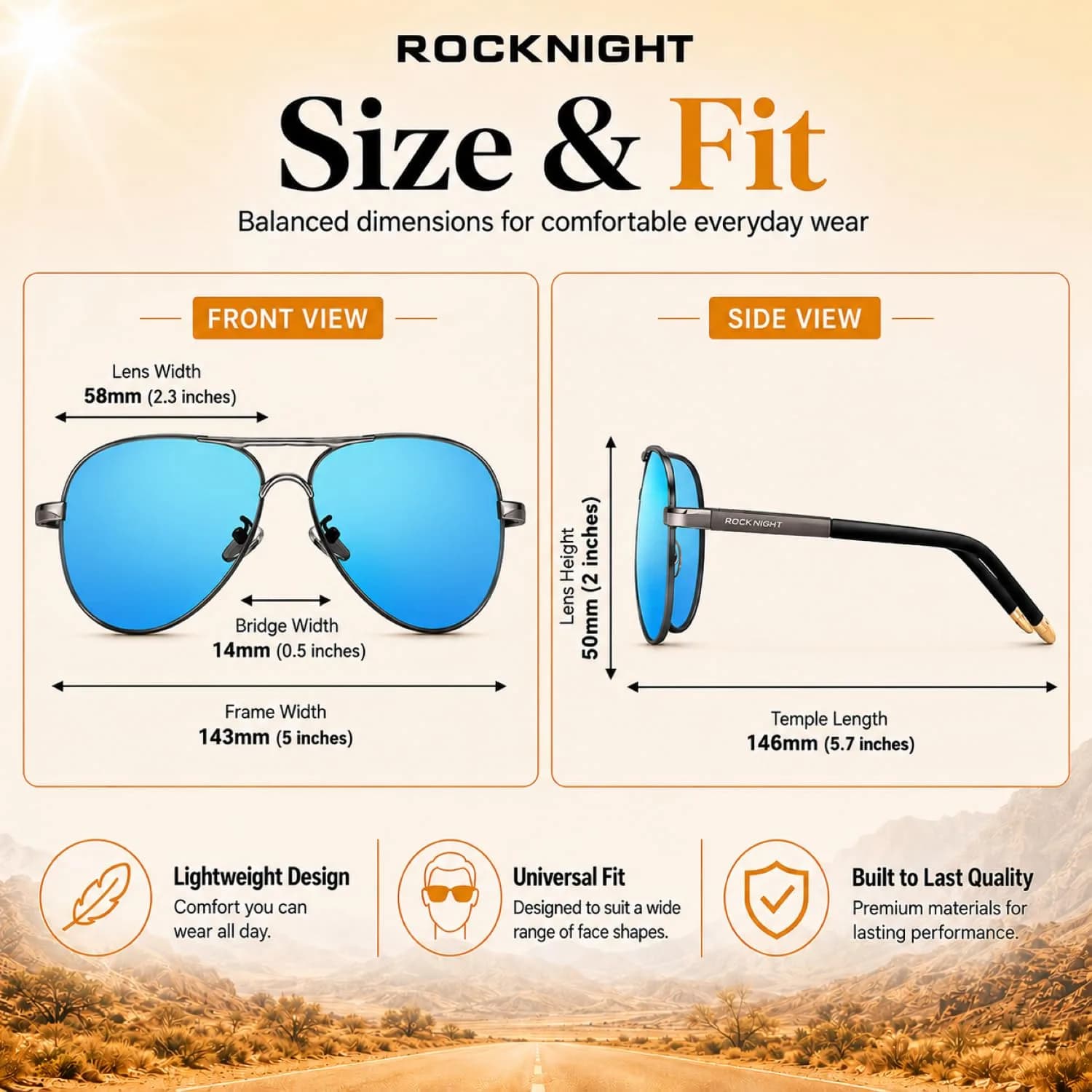 ROCKNIGHT Polarized Aviator Sunglasses Men Women UV400 Metal Frame Driving | Classic Fashion Style - view 4