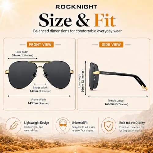 ROCKNIGHT Polarized Aviator Sunglasses Men Women UV400 Metal Frame Driving | Classic Style for All-Day Comfort thumbnail 4