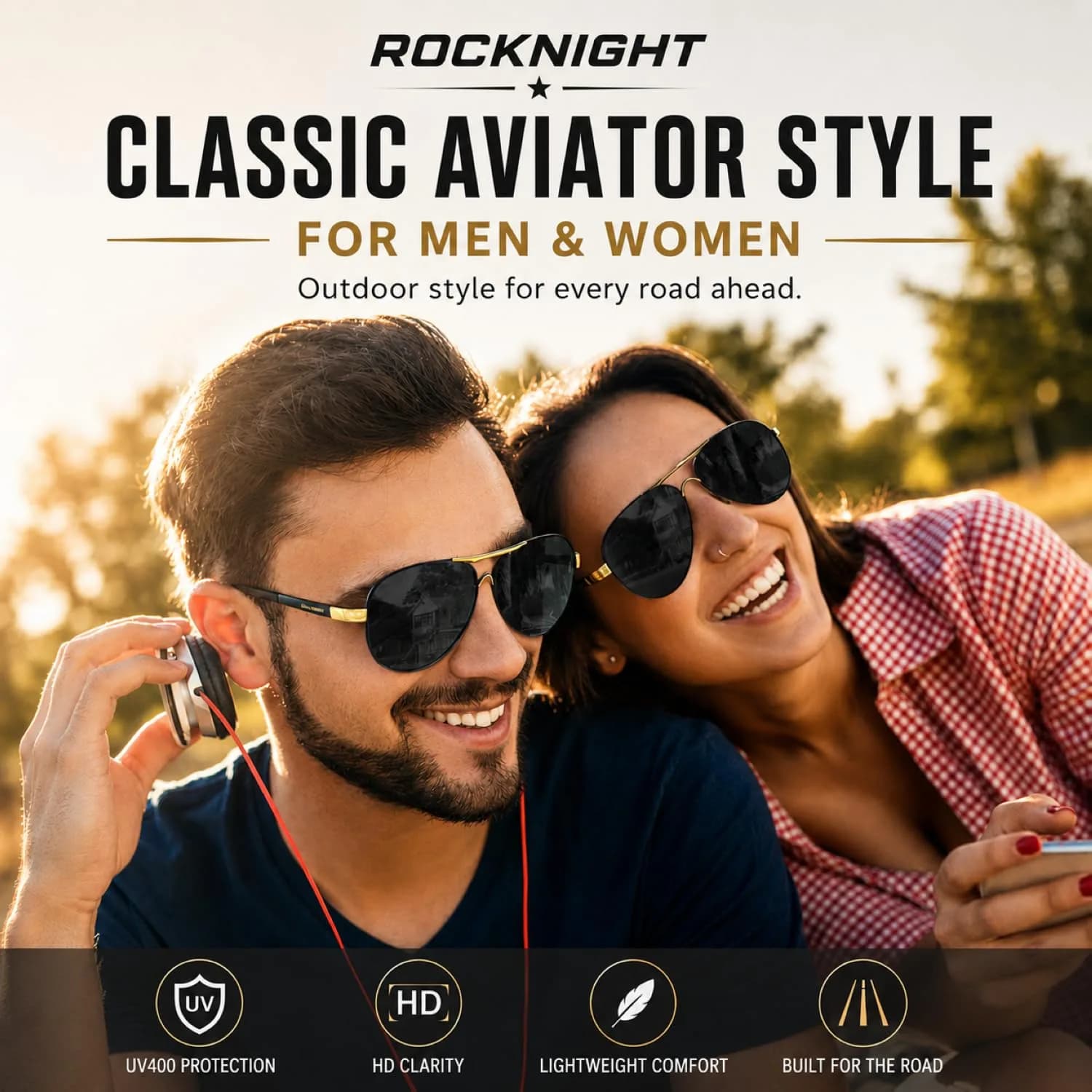 ROCKNIGHT Golden Black-Grey Lens Aviator Sunglasses for Men & Women - UV400 Polarized Metal Frame - view 2