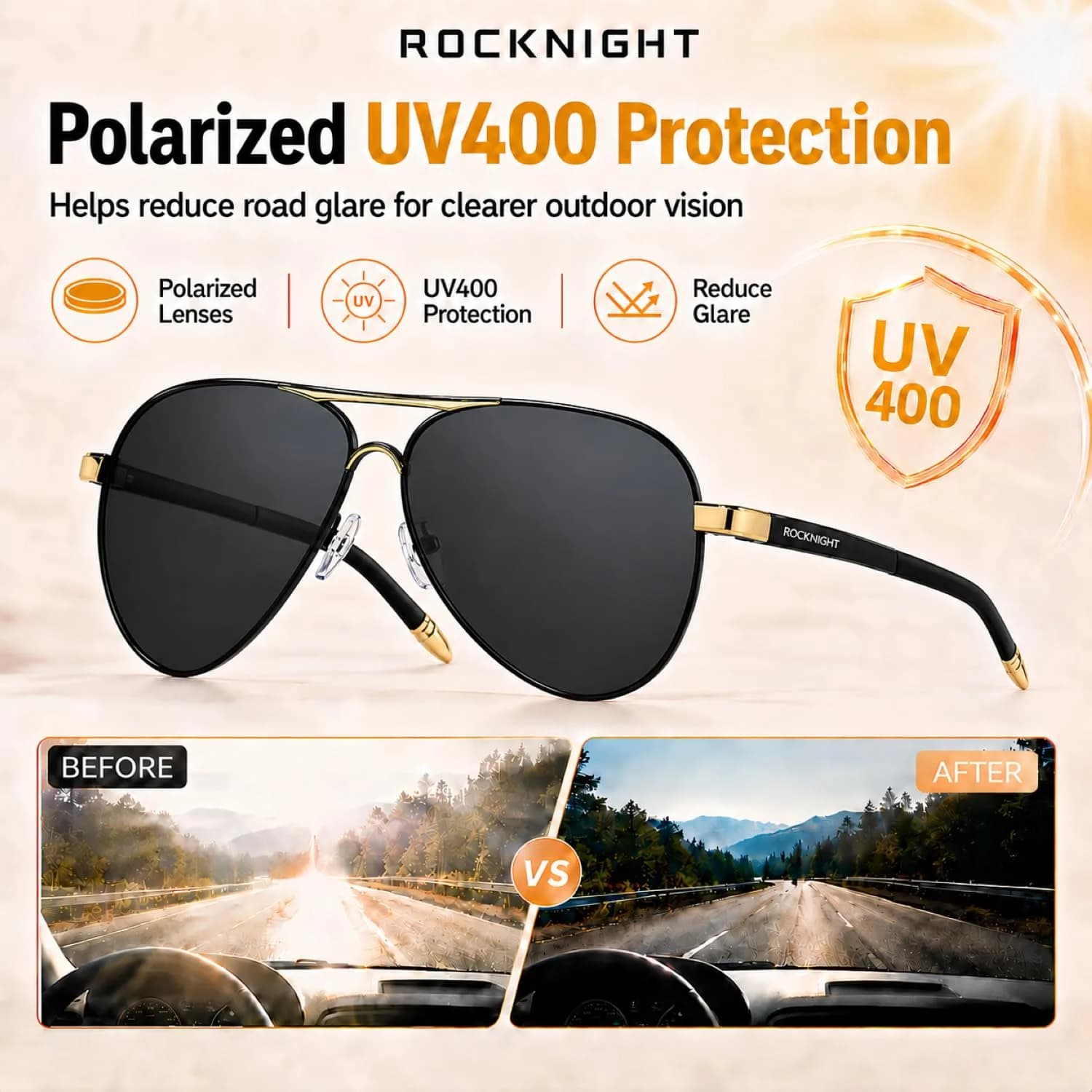 ROCKNIGHT Golden Black-Grey Lens Aviator Sunglasses for Men & Women - UV400 Polarized Metal Frame - view 3