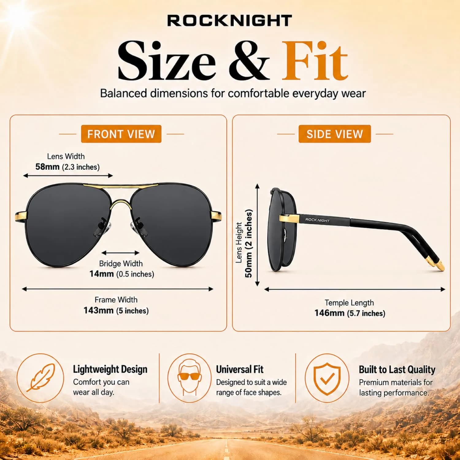 ROCKNIGHT Golden Black-Grey Lens Aviator Sunglasses for Men & Women - UV400 Polarized Metal Frame - view 4