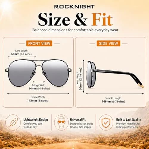 ROCKNIGHT Polarized Aviator Sunglasses Men Women UV400 Metal Frame Driving | Lightweight & Adjustable Fit thumbnail 4