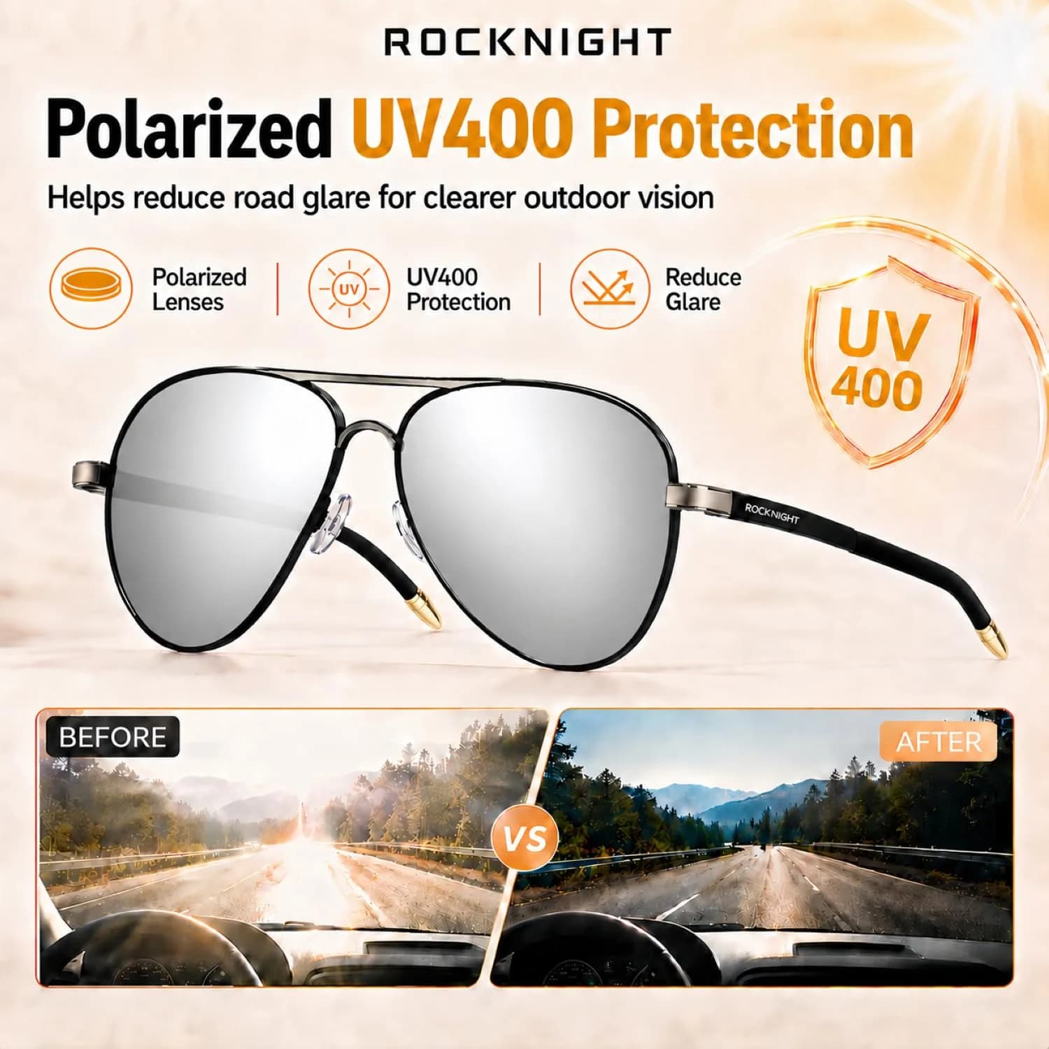 ROCKNIGHT Silver Black-Silver Mirrored Lens Polarized Aviator Sunglasses - Medium Metal Frame for Men & Women - view 3