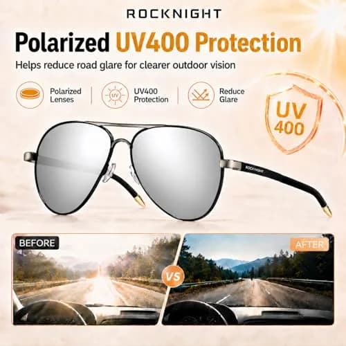 ROCKNIGHT Polarized Aviator Sunglasses Men Women UV400 Metal Frame Driving | Lightweight & Adjustable Fit thumbnail 3
