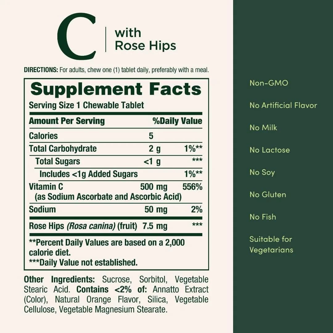 Nature's Bounty Vitamin C Chewable Tablets 500 mg with Rose Hips | Immune Support Supplement (90 Count) - view 5