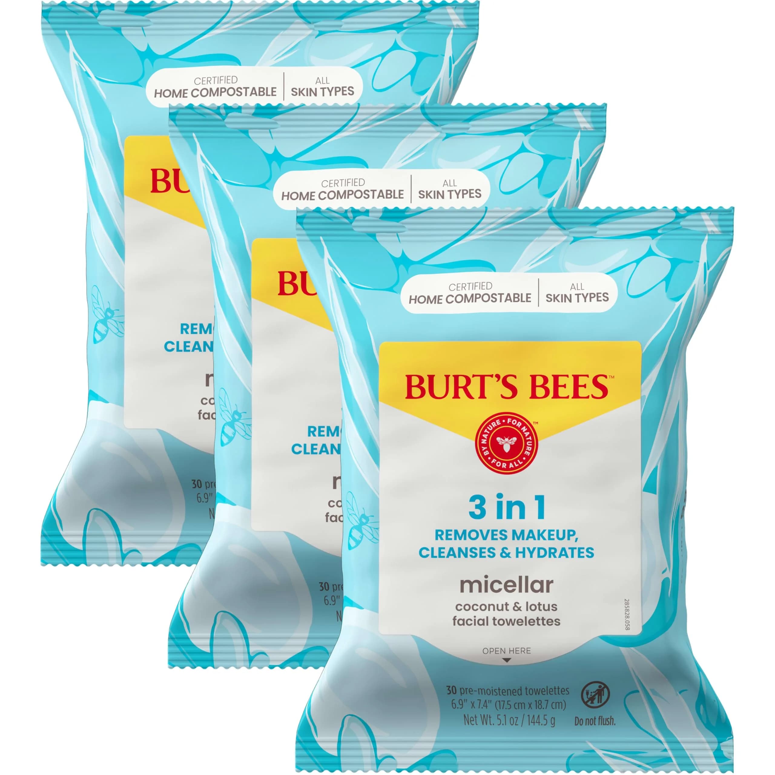 Burt's Bees Face Wipes 30 Count | Hydrating Micellar Cleanser with Coconut & Lotus Water