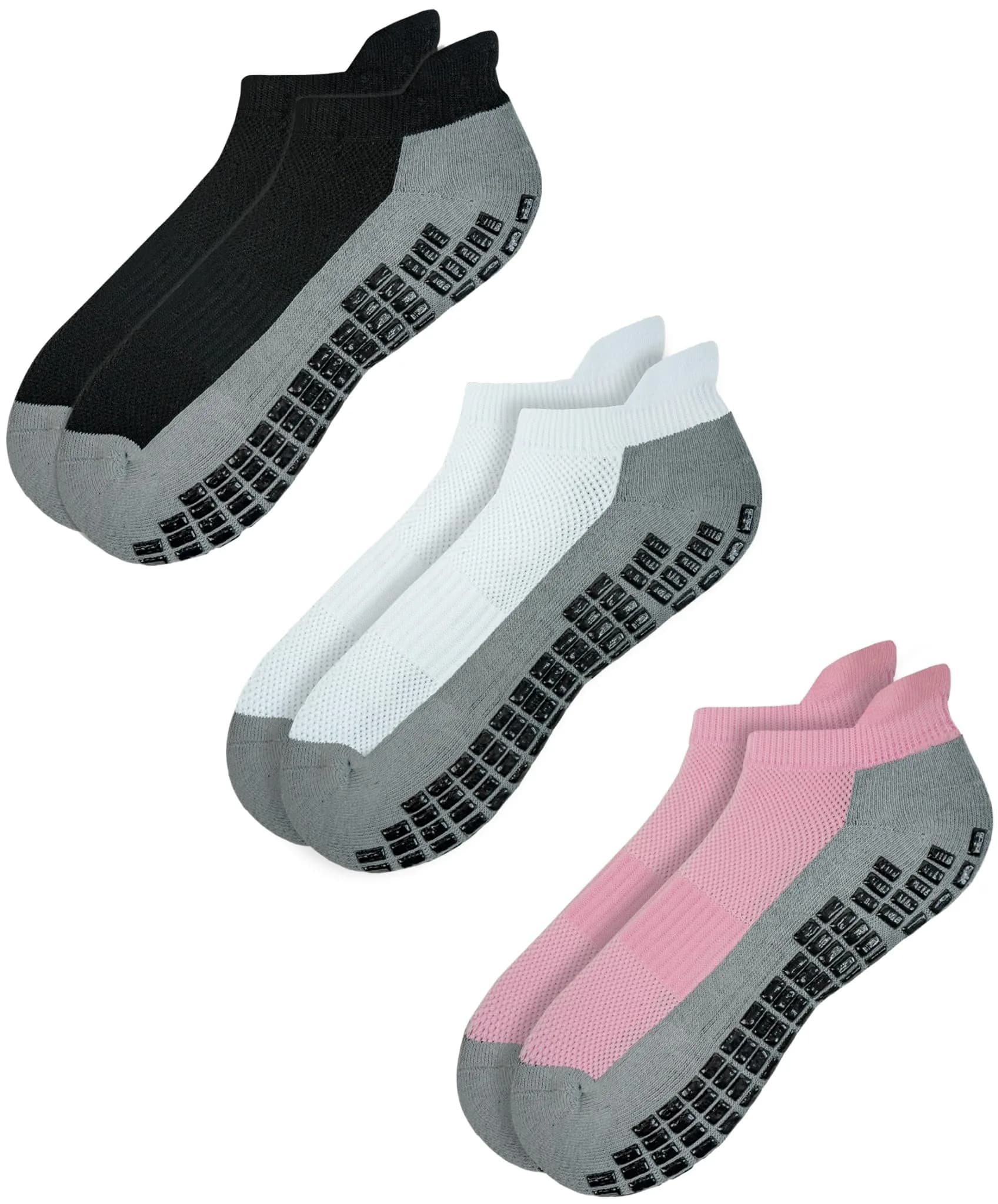 RATIVE Super Grips Anti Slip Non Skid Yoga Hospital Socks for Adults Men Women (X-Large, 3-Pairs/Black+White+Pink) | Breathable, Durable & Non Slip