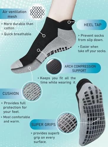 RATIVE Super Grips Anti Slip Non Skid Yoga Hospital Socks for Adults Men Women (X-Large, 3-Pairs/Black+White+Pink) | Breathable, Durable & Non Slip thumbnail 5