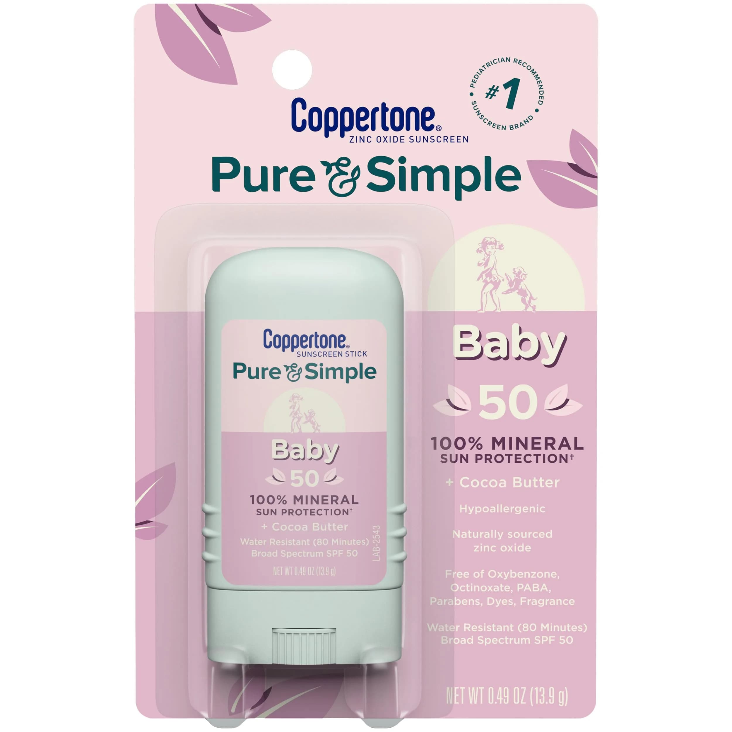 Coppertone Pure and Simple Mineral Sunscreen Stick SPF 50 | Hypoallergenic, Fragrance-Free, Zinc Oxide Formula | 0.49 oz - main product image