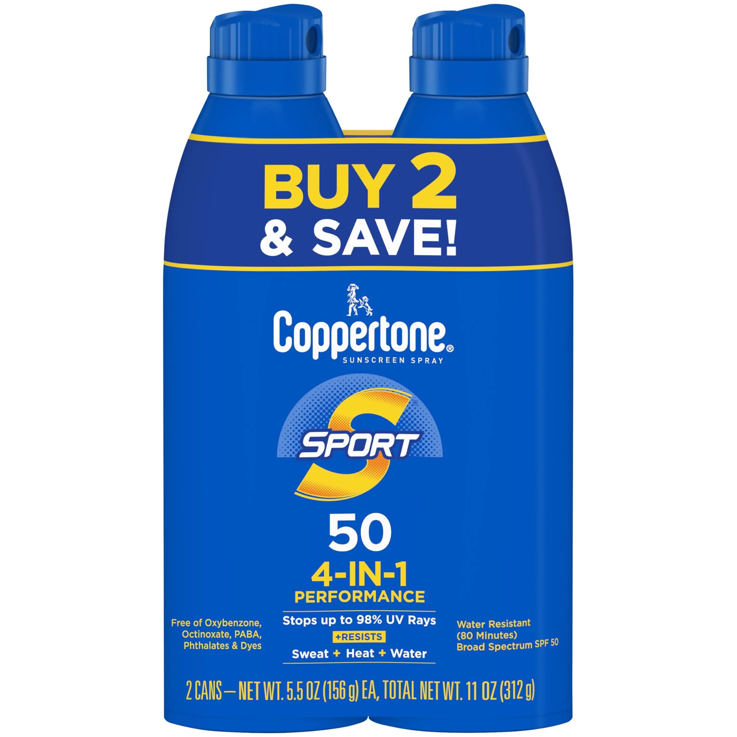 Coppertone Sport SPF 30 Sunscreen Spray, Water Resistant Body Sunscreen, 2 x 5.5 oz Bottles | USA-Sourced Sun Protection - main product image