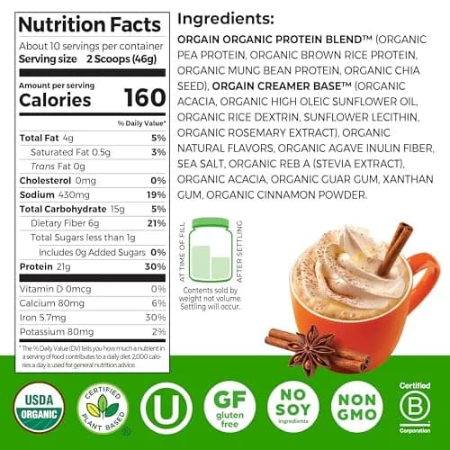 Orgain Organic Vegan Protein Powder Pumpkin Spice 1.02 lb (463 g) | USDA Organic, 21g Protein Per Serving thumbnail 2
