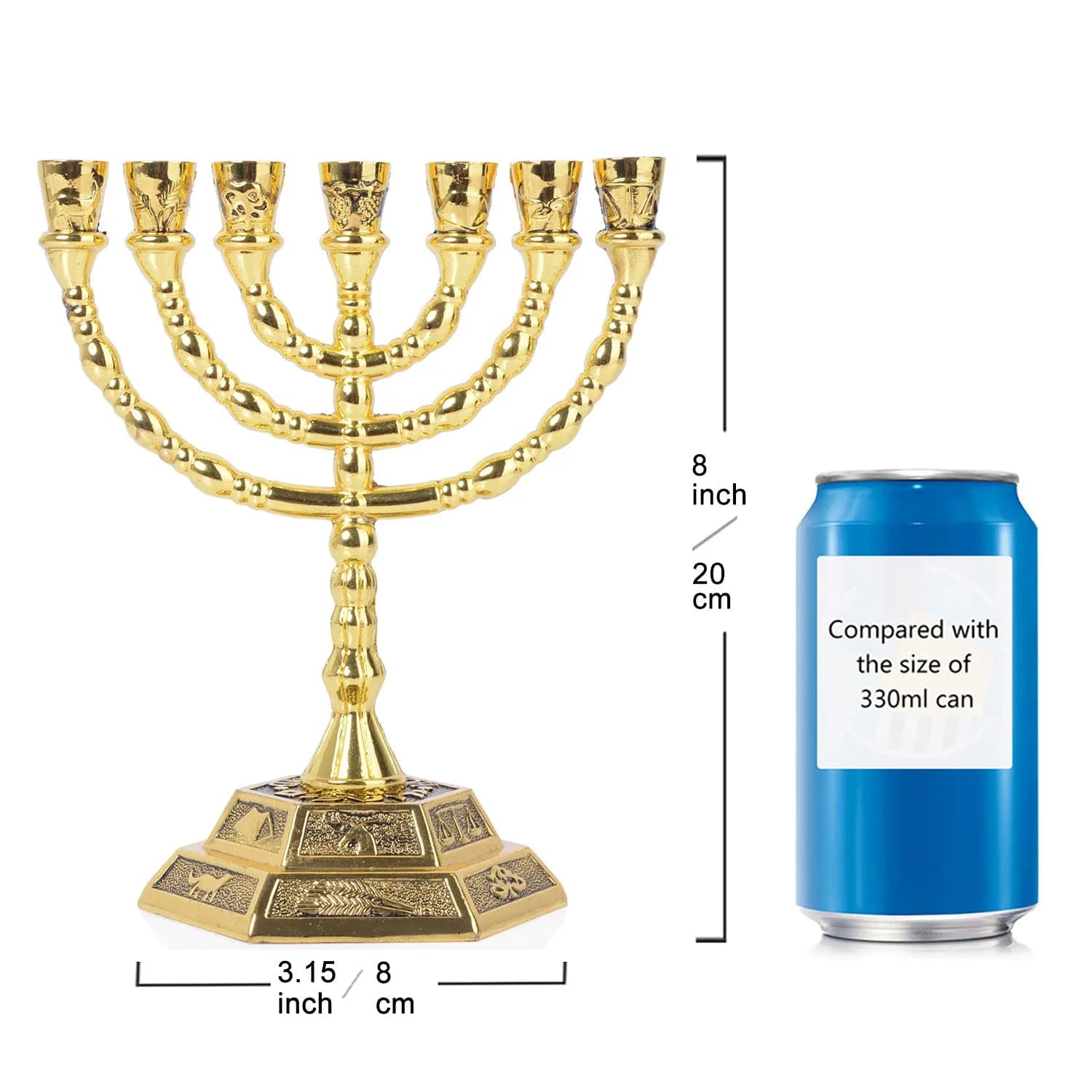 BRTAGG 12 Tribes of Israel Menorah Jerusalem Temple 7 Branch Jewish Candle Holder 20.3 cm (8 Inches) Gold - view 3