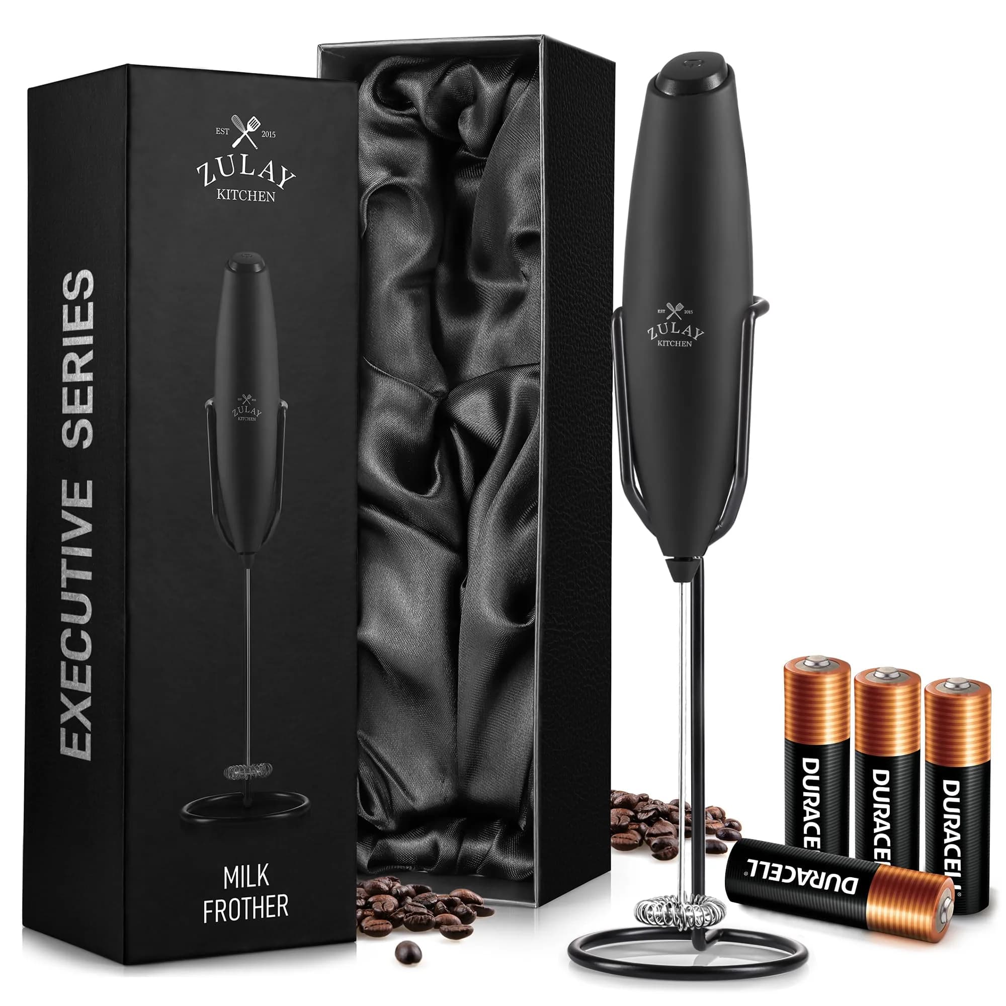 Zulay Kitchen Milk Frother Wand - Upgraded Stand | Handheld Foam Maker for Lattes & Cappuccino (100-120 chars) — Gift Box Black