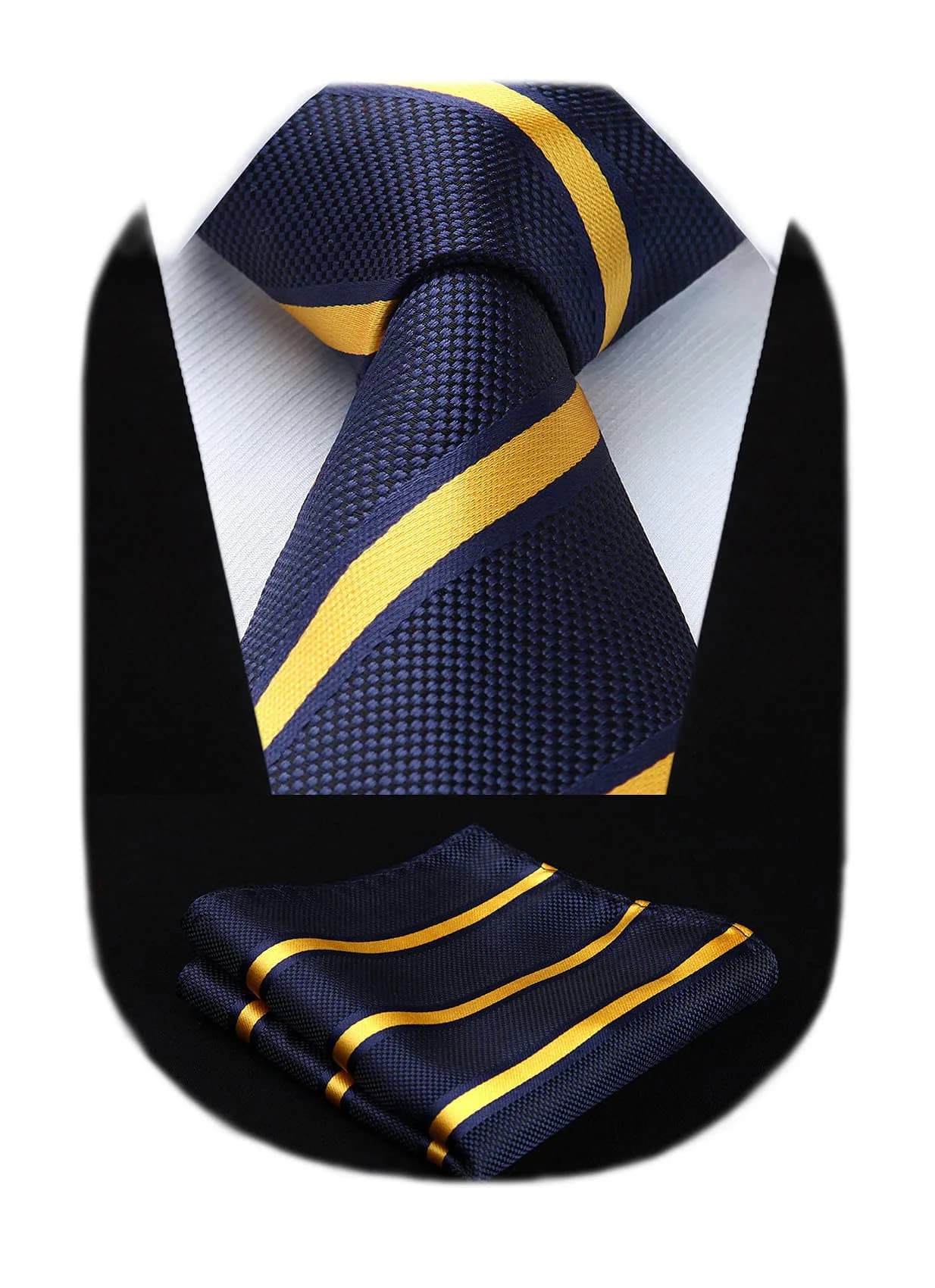 HISDERN Striped Wedding Tie & Pocket Square Set | Classic Microfiber Design, 150cm | Elegant Formal Accessory — B-01-navy & Yellow