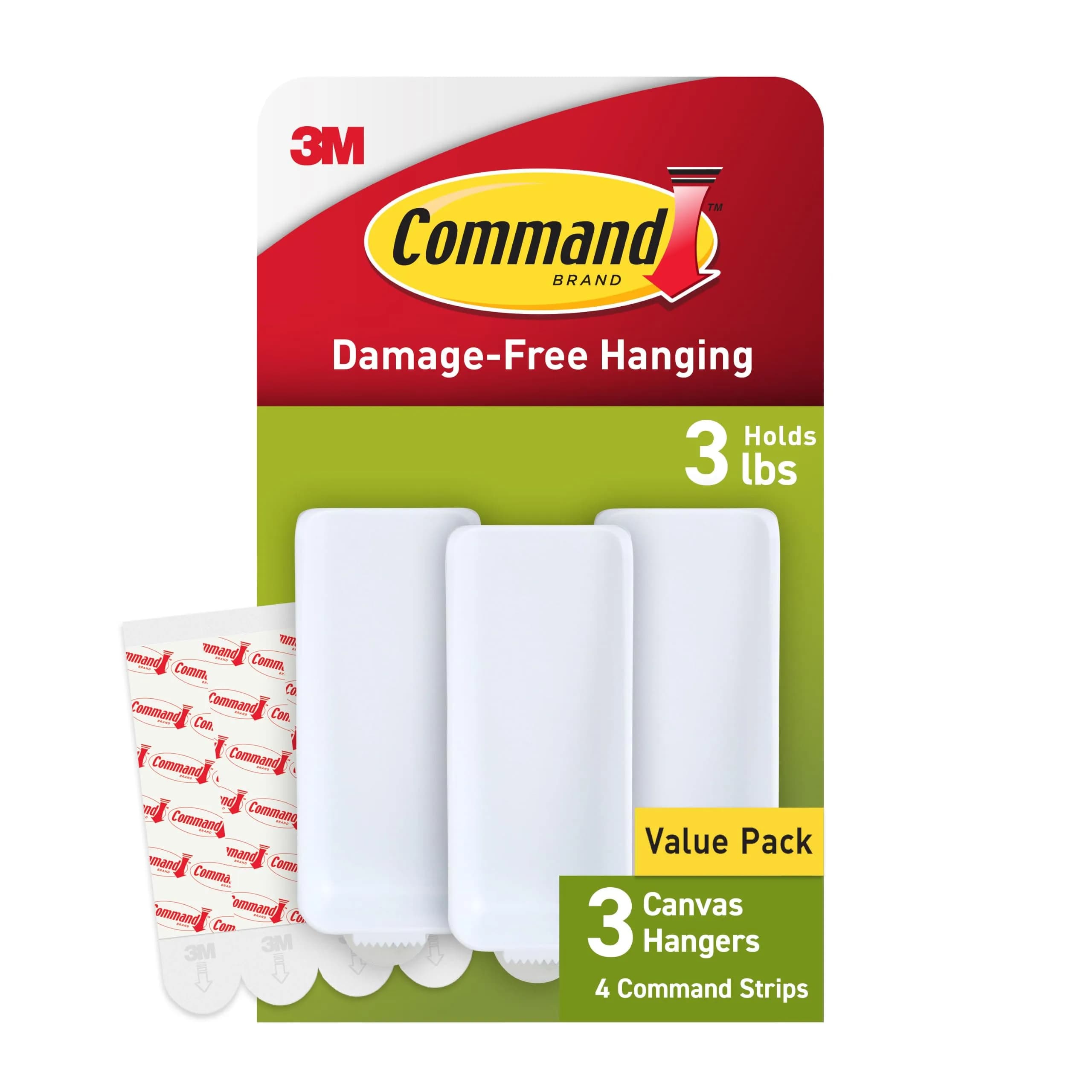 Command Canvas Hangers, 3 lb Capacity, 3 White Hangers & 4 Large Strips | Damage-Free Hanging for Canvas Art — White