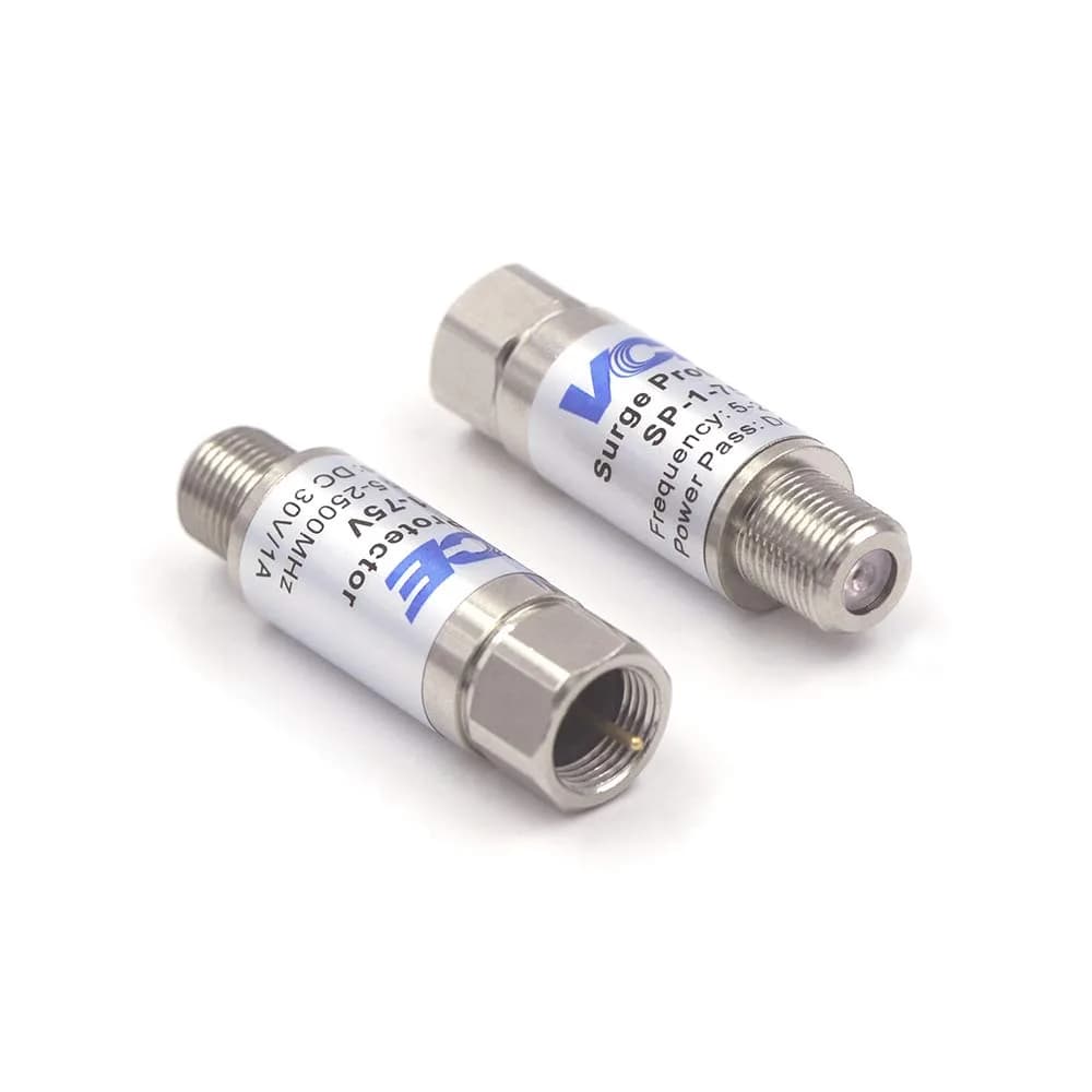 VCE Coaxial Surge Protector 2-Pack 6kV Protection, 5-2500MHz Signal Performance | Protects TVs, Modems, Satellite Receivers — Silver