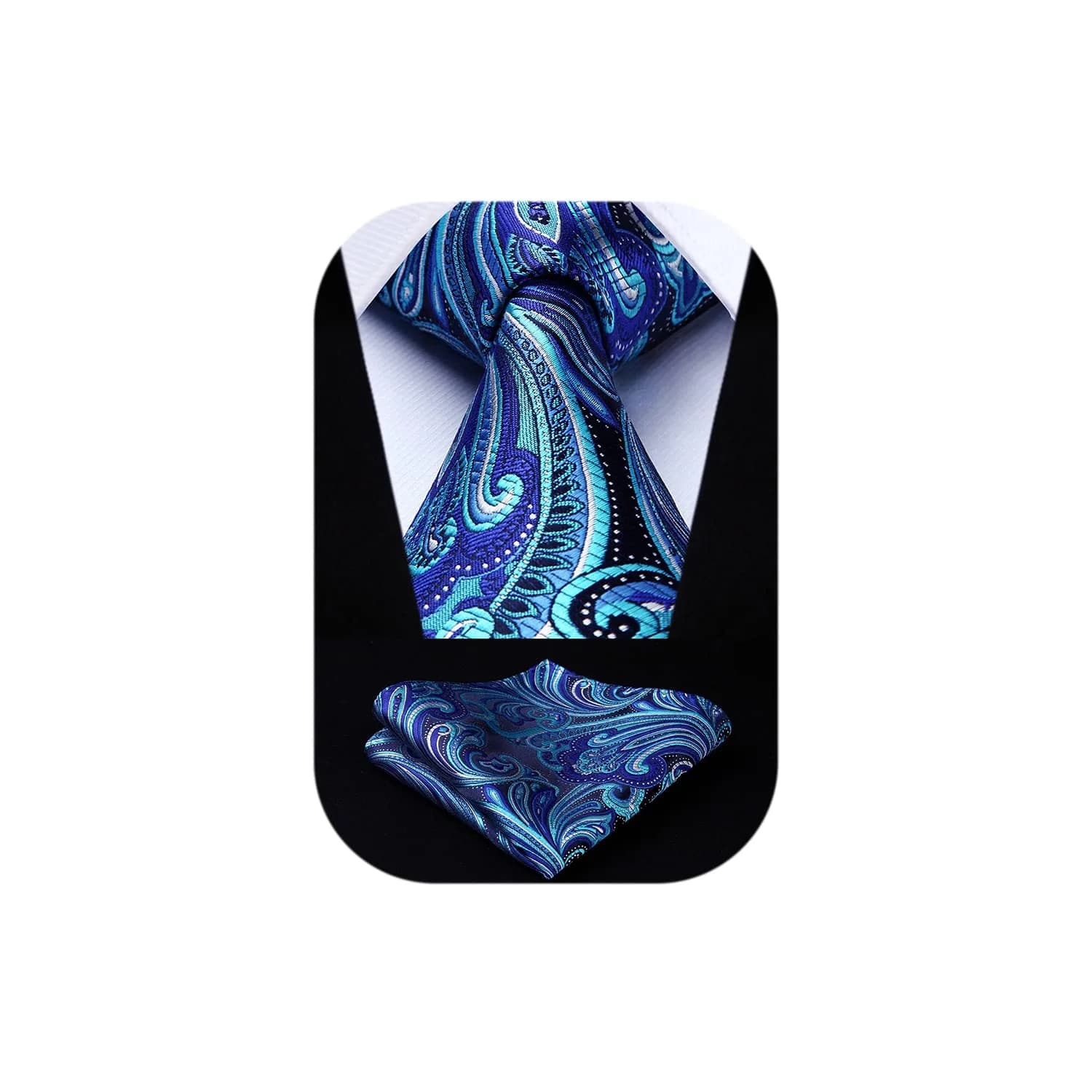 HISDERN Blue Paisley Tie & Pocket Square Set | Classic Business & Wedding Accessory (8.5cm / 3.4in, 150cm / 59in) — F4-navy Blue & White