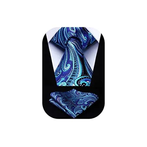 HISDERN Blue Paisley Tie & Pocket Square Set | Classic Business & Wedding Accessory (8.5cm / 3.4in, 150cm / 59in) thumbnail 1