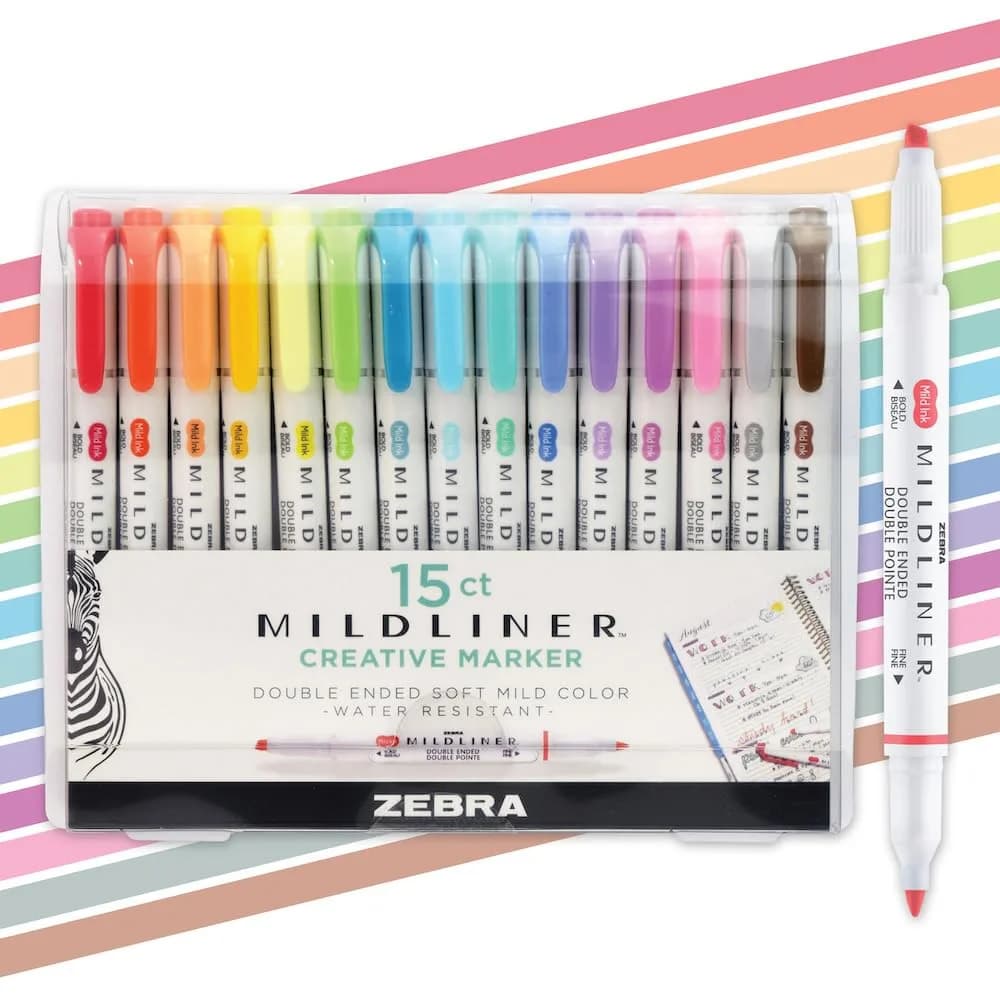 Zebra Pen Mildliner Dual Tip Highlighter Set, 15 Assorted Colors | AP Certified Non-Toxic - main product image