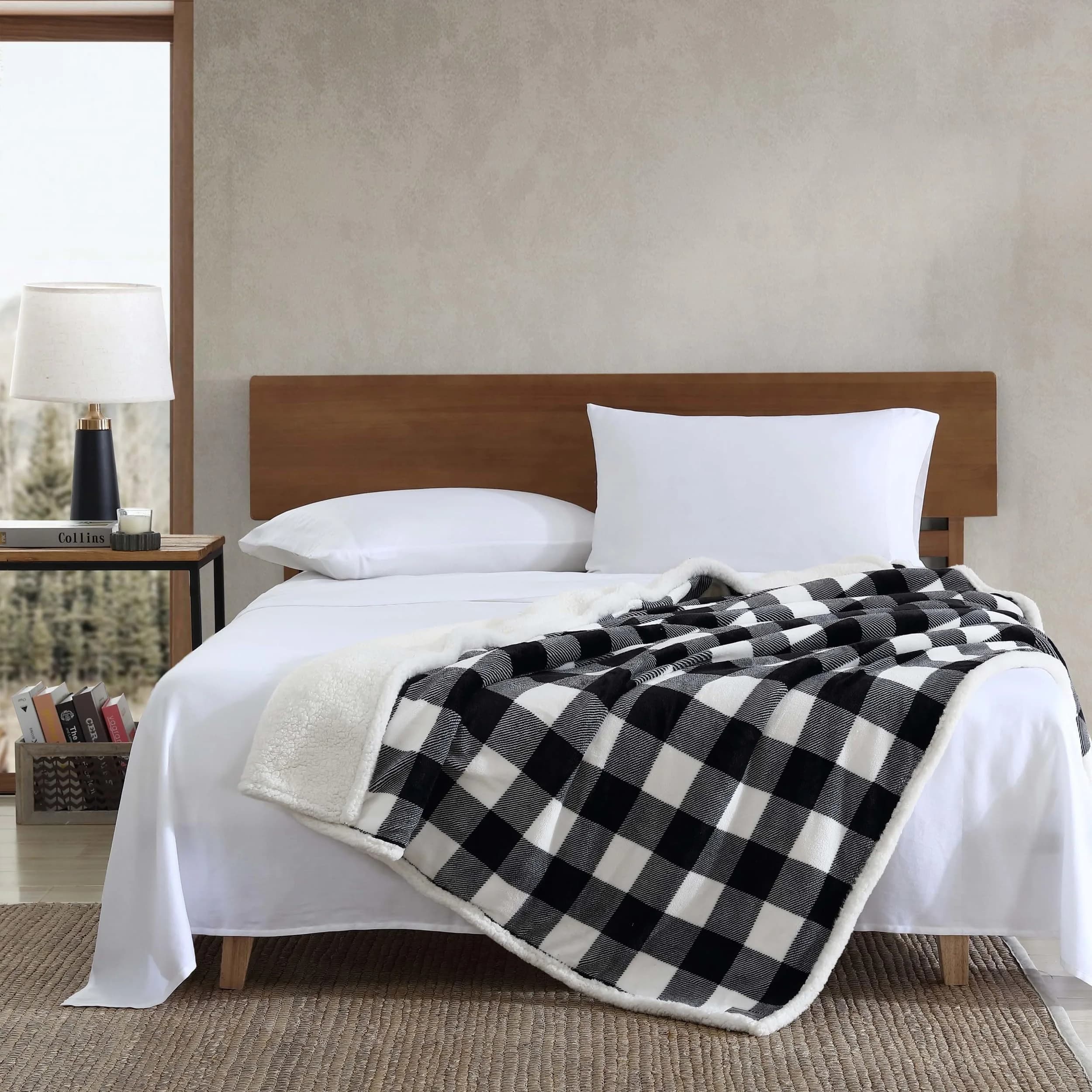 Eddie Bauer Reversible Sherpa & Fleece Throw Blanket 127x152 cm (50x60 in) | Cozy Cabin Plaid Black for Couch & Travel - view 5