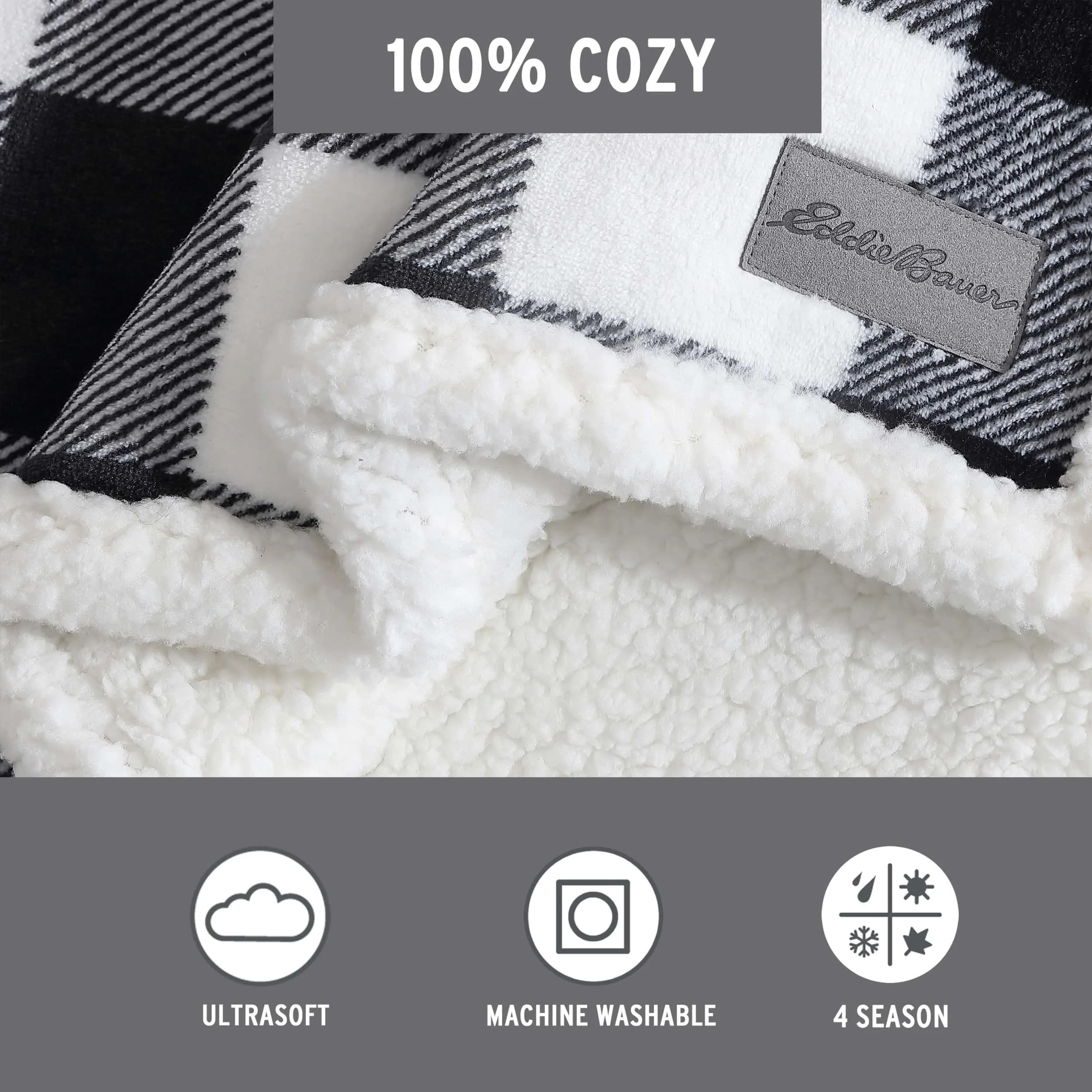 Eddie Bauer Reversible Sherpa & Fleece Throw Blanket 127x152 cm (50x60 in) | Cozy Cabin Plaid Black for Couch & Travel - view 8