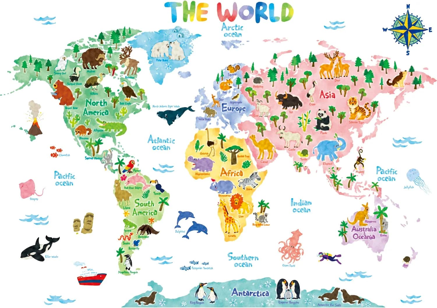 DECOWALL Animal World Map Wall Stickers for Kids Large | Educational, Repositionable Vinyl Decal — Multi