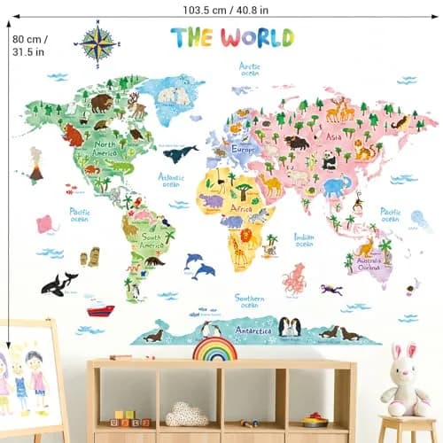 DECOWALL Animal World Map Wall Stickers for Kids Large | Educational, Repositionable Vinyl Decal thumbnail 5