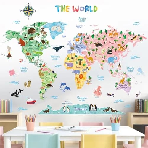 DECOWALL Animal World Map Wall Stickers for Kids Large | Educational, Repositionable Vinyl Decal thumbnail 3