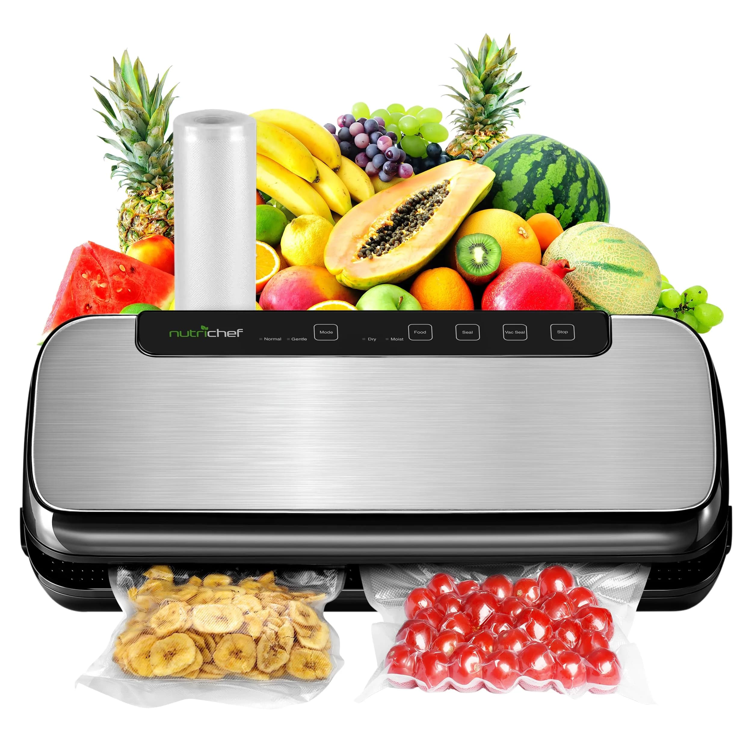 NutriChef Food Vacuum Sealer Machine, Stainless Steel Automatic Air Sealing System 14.1"x6"x3" | Preserves Food Freshness — Stainless Steel