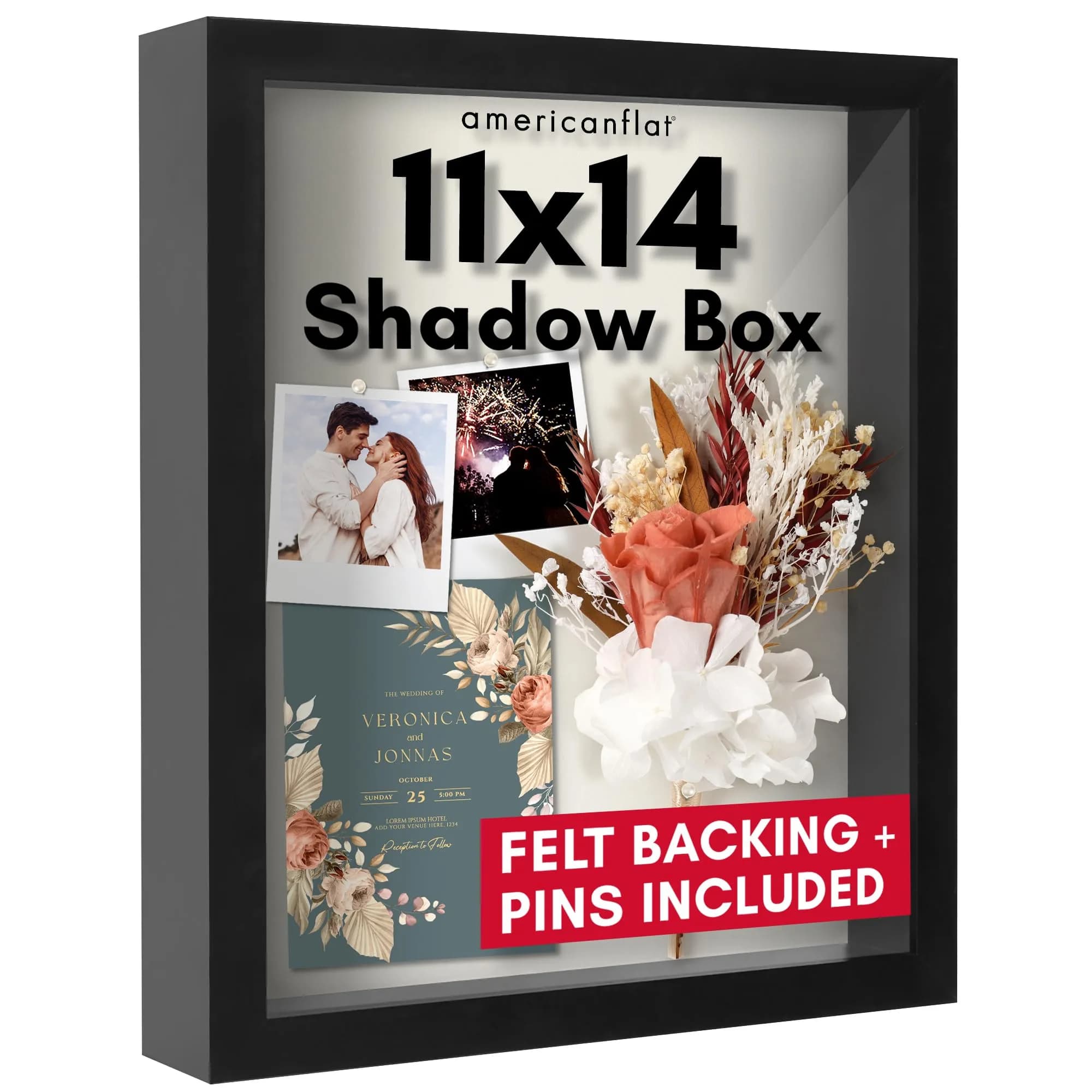 Americanflat 11x14 Shadow Box Frame - Engineered Wood - Black | Deep 1.5-inch Interior, Shatter-Resistant Glass