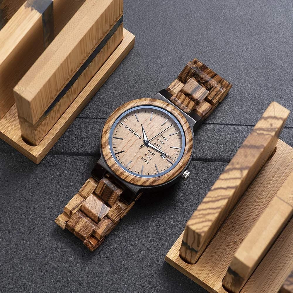 BOBO BIRD Men's Natural Wood Watch | Analog Quartz with Week & Date Display, Brown Dial - view 6