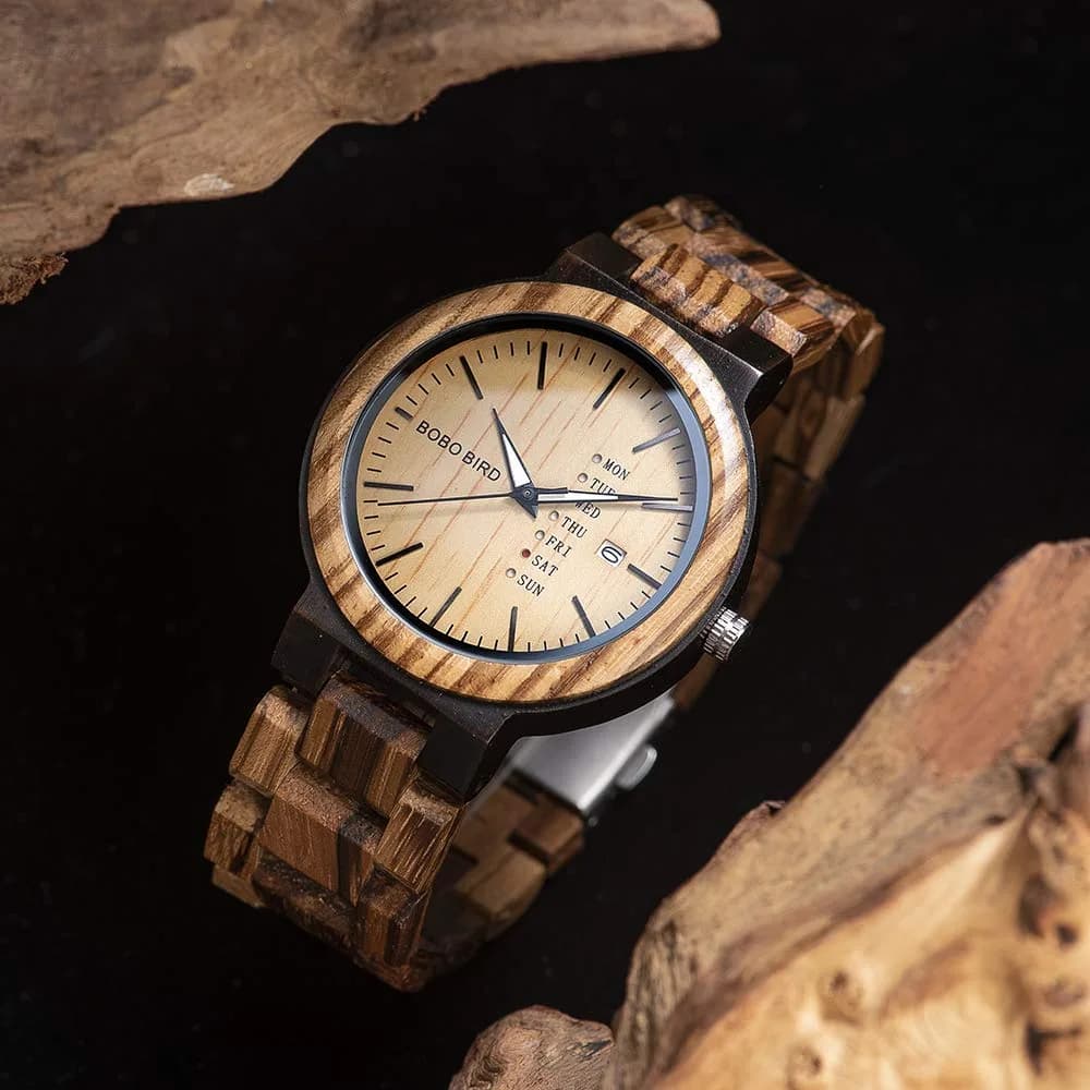 BOBO BIRD Men's Natural Wood Watch | Analog Quartz with Week & Date Display, Brown Dial - view 2