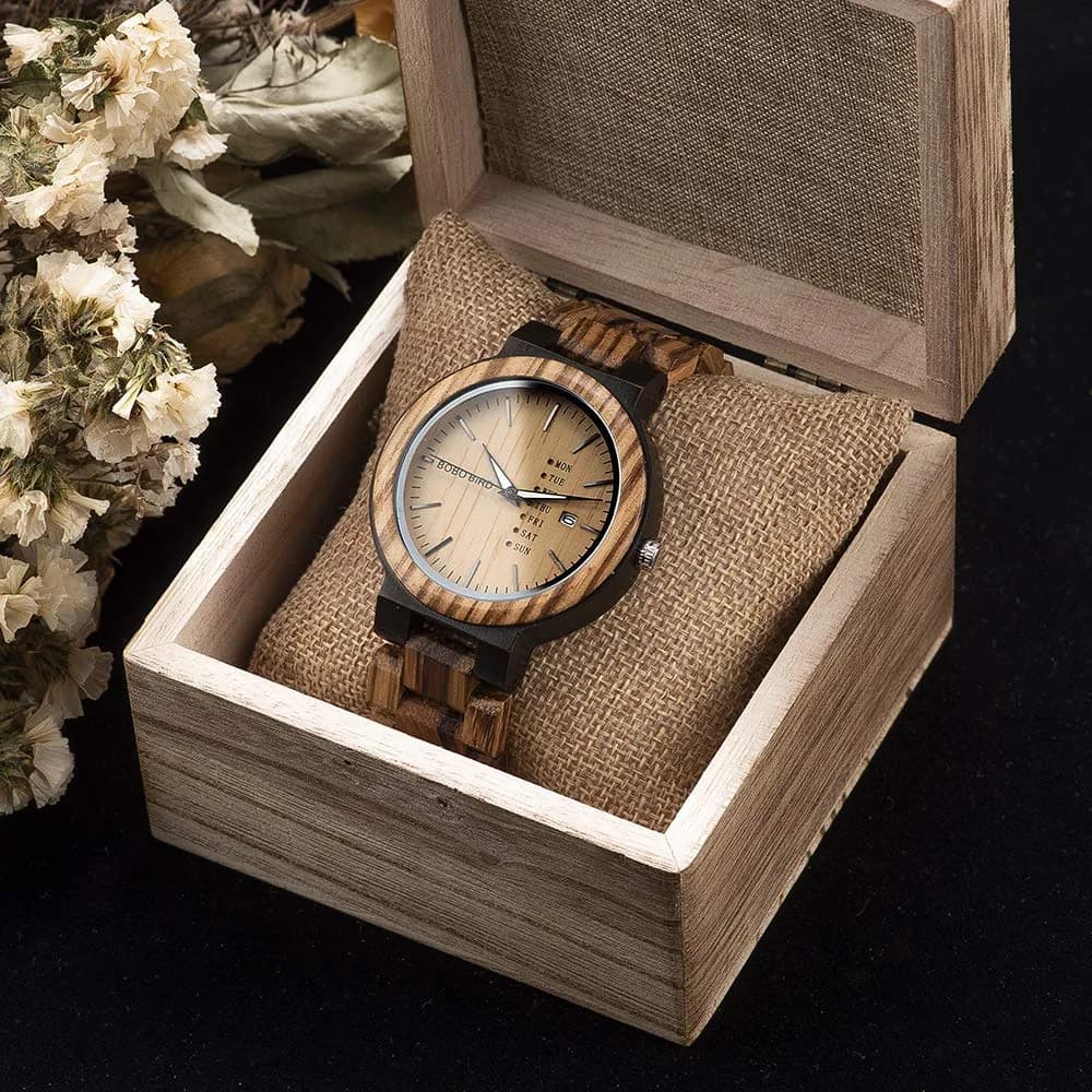 BOBO BIRD Men's Natural Wood Watch | Analog Quartz with Week & Date Display, Brown Dial - view 3