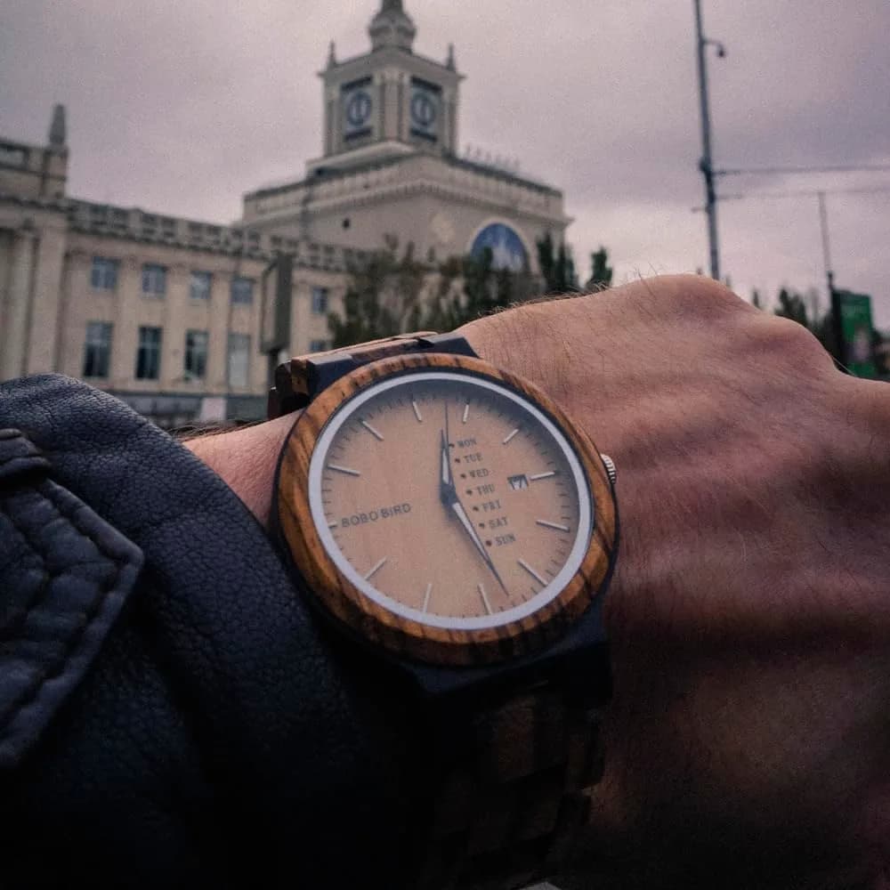 BOBO BIRD Men's Natural Wood Watch | Analog Quartz with Week & Date Display, Brown Dial - view 4