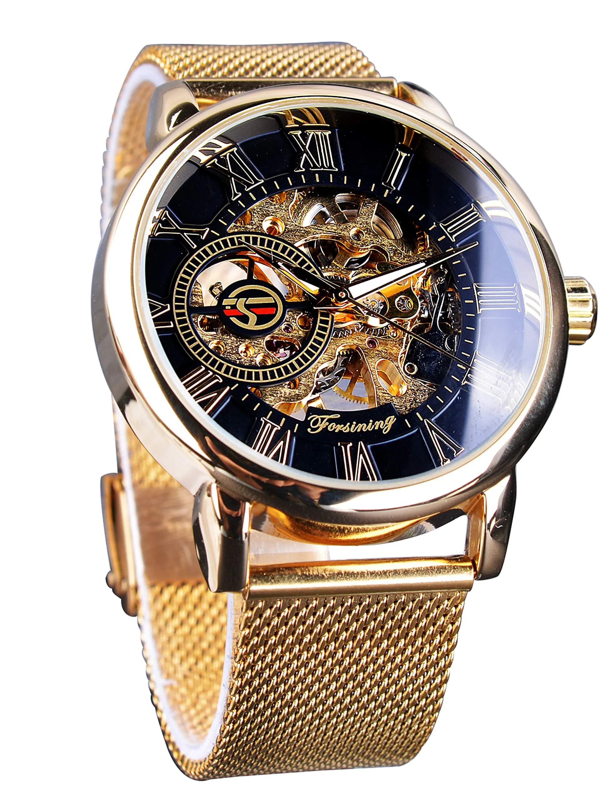FORSINING Men's Skeleton Mechanical Watch 41mm (1.61 inches) | Retro Golden Transparent Business Watch with Black Mesh Band - main product image