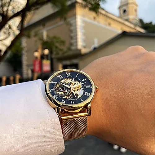 FORSINING Men's Skeleton Mechanical Watch 41mm (1.61 inches) | Retro Golden Transparent Business Watch with Black Mesh Band thumbnail 4