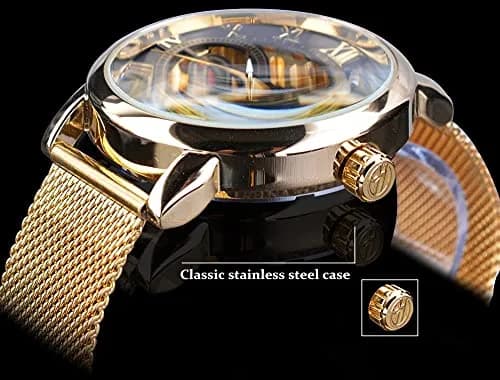 FORSINING Men's Skeleton Mechanical Watch 41mm (1.61 inches) | Retro Golden Transparent Business Watch with Black Mesh Band thumbnail 5