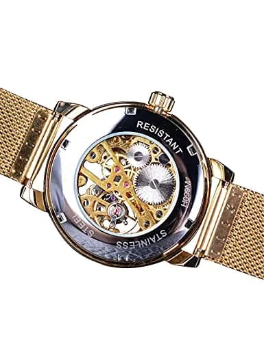 FORSINING Men's Skeleton Mechanical Watch 41mm (1.61 inches) | Retro Golden Transparent Business Watch with Black Mesh Band thumbnail 6
