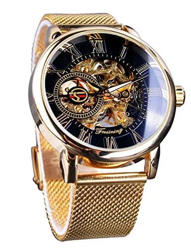 FORSINING Men's Skeleton Mechanical Watch 41mm (1.61 inches) | Retro Golden Transparent Business Watch with Black Mesh Band thumbnail 1
