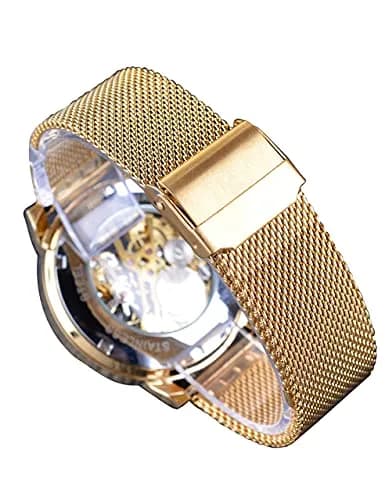 FORSINING Men's Skeleton Mechanical Watch 41mm (1.61 inches) | Retro Golden Transparent Business Watch with Black Mesh Band thumbnail 7