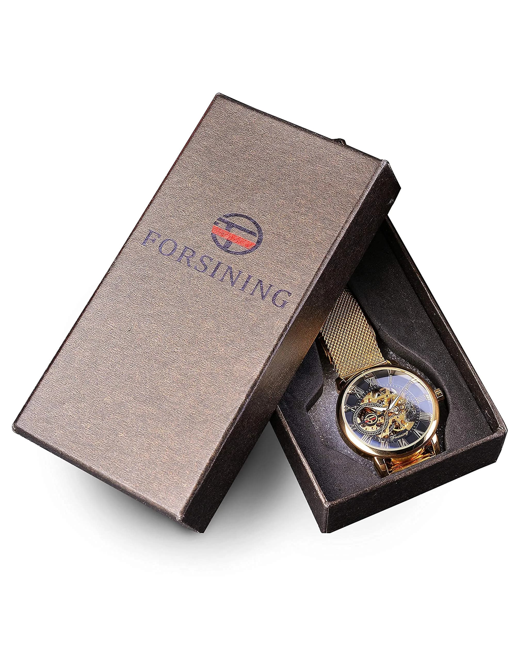 FORSINING Men's Skeleton Mechanical Watch 41mm (1.61 inches) | Retro Golden Transparent Business Watch with Black Mesh Band - view 8