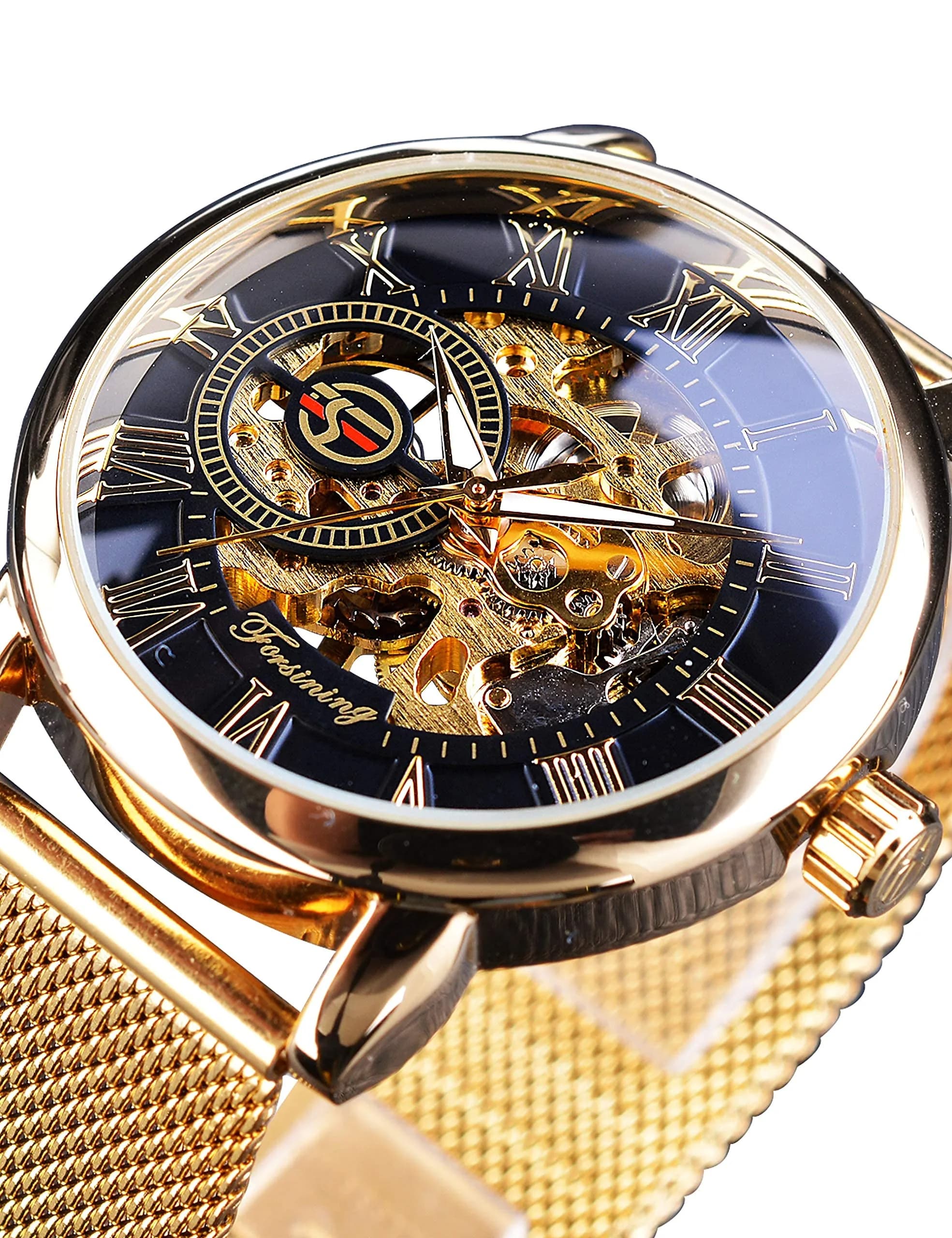 FORSINING Men's Skeleton Mechanical Watch 41mm (1.61 inches) | Retro Golden Transparent Business Watch with Black Mesh Band - view 2