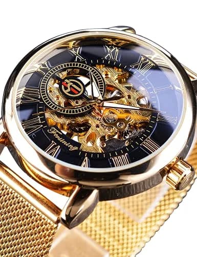 FORSINING Men's Skeleton Mechanical Watch 41mm (1.61 inches) | Retro Golden Transparent Business Watch with Black Mesh Band thumbnail 2