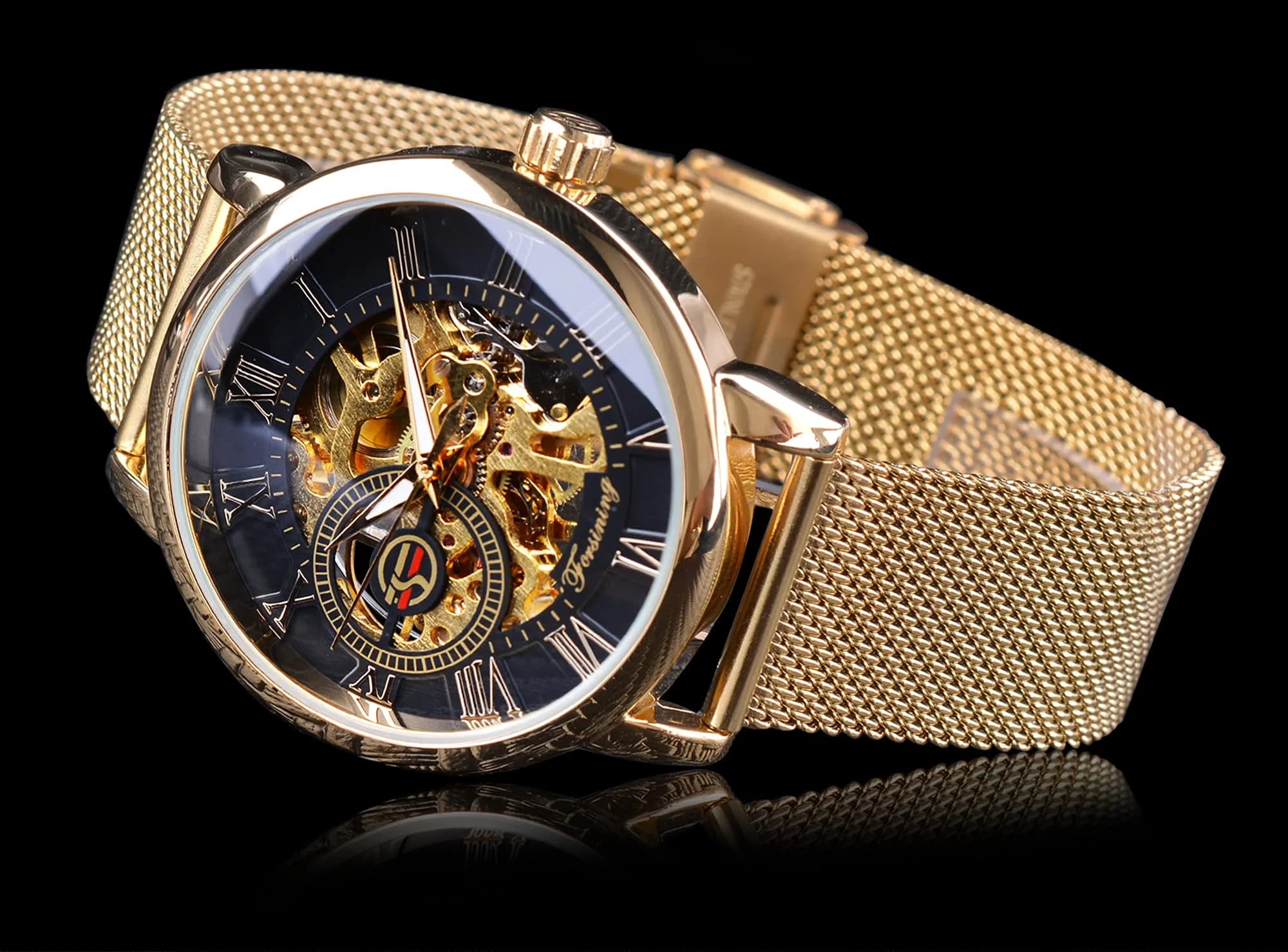FORSINING Men's Skeleton Mechanical Watch 41mm (1.61 inches) | Retro Golden Transparent Business Watch with Black Mesh Band - view 3