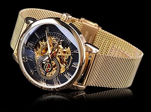 FORSINING Men's Skeleton Mechanical Watch 41mm (1.61 inches) | Retro Golden Transparent Business Watch with Black Mesh Band thumbnail 3