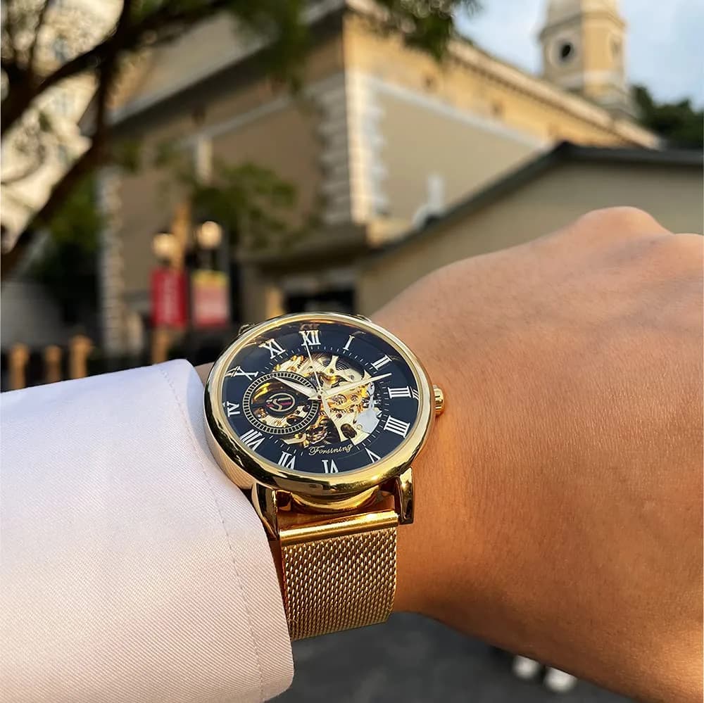 FORSINING Men's Skeleton Mechanical Watch 41mm (1.61 inches) | Retro Golden Transparent Business Watch with Black Mesh Band - view 4