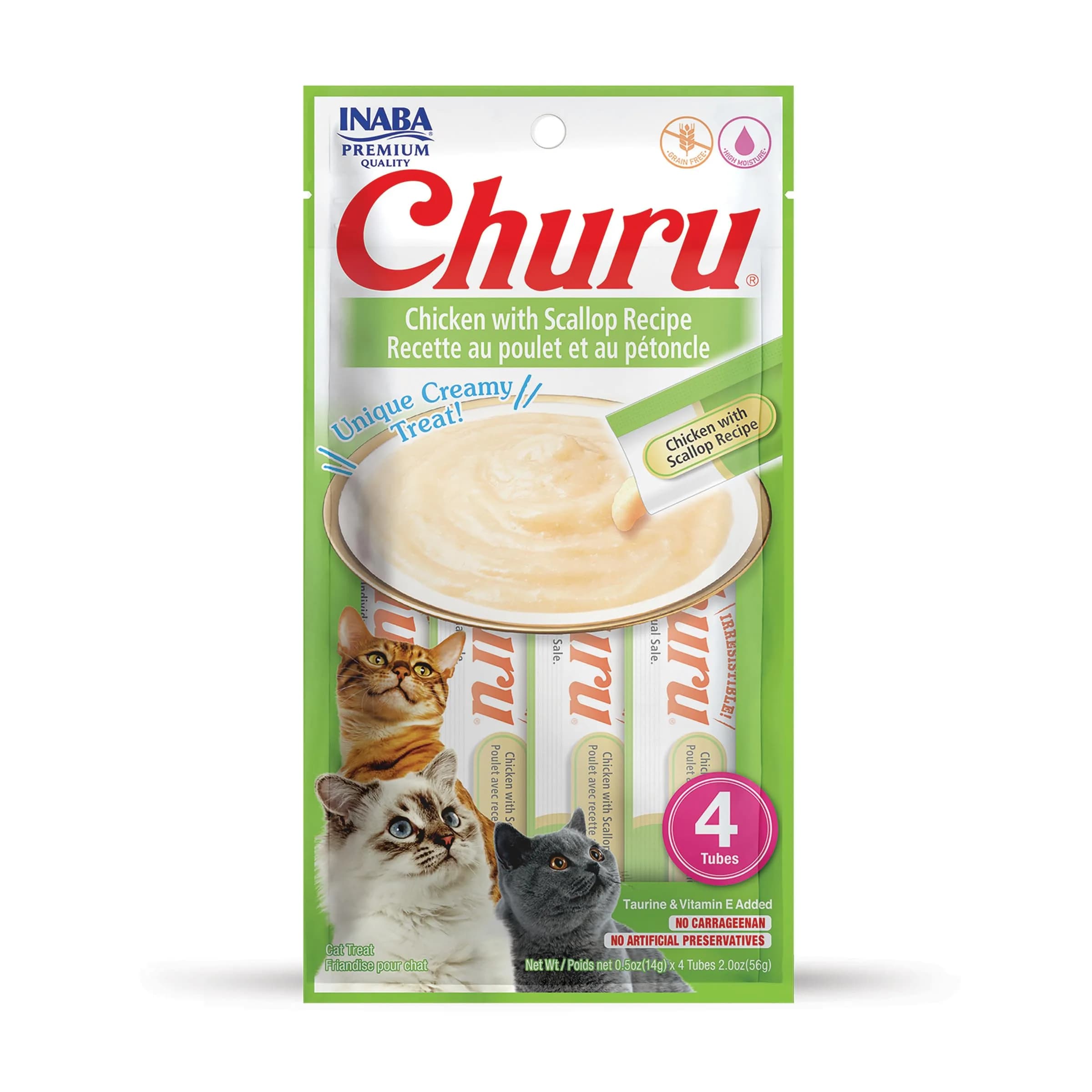 INABA Churu Cat Treats Tuna with Salmon Recipe 2 oz (70.8 g) | Grain-Free Lickable Purée for Cats — Chicken with Scallop Recipe