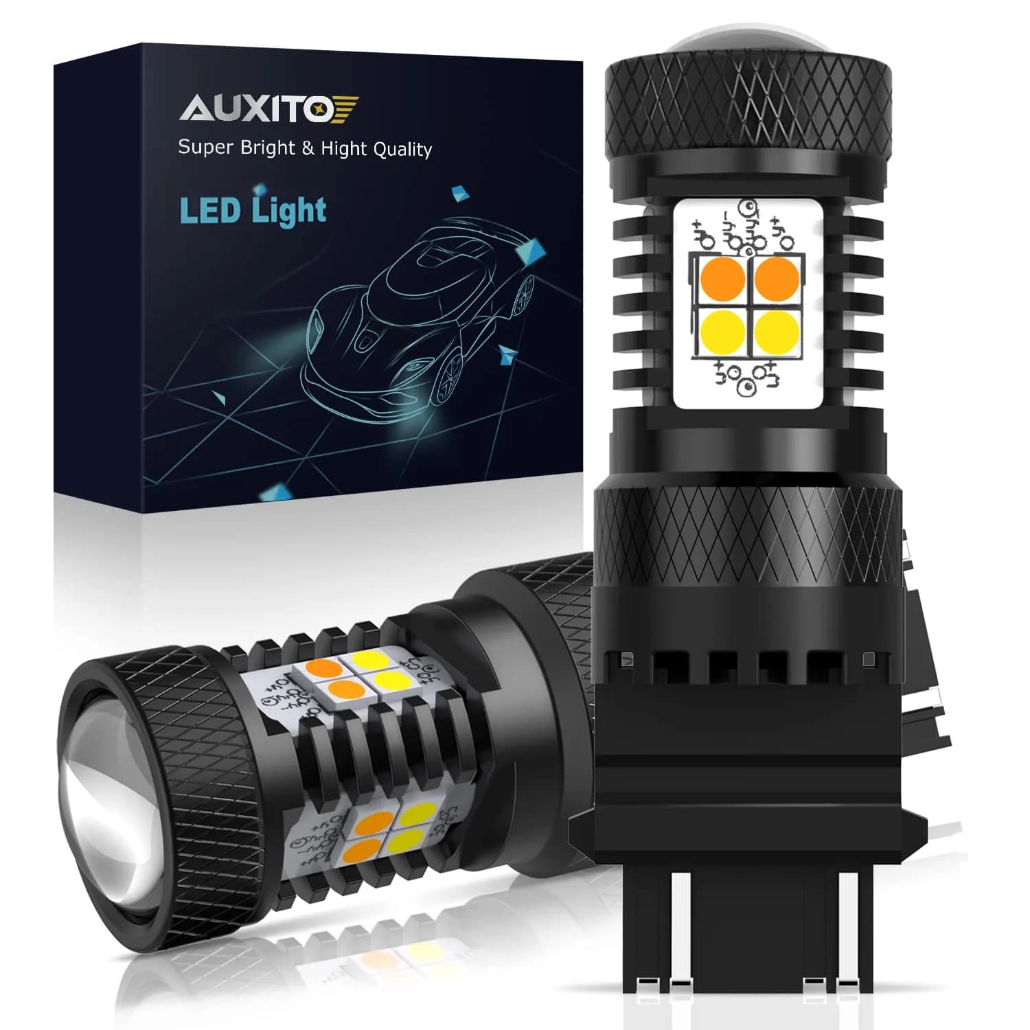 AUXITO 3157 Switchback LED Turn Signal Bulbs 50W | Dual Color White & Amber, 12V, Pack of 2, Car Tail & Parking Lights — Amber/White Swithcback